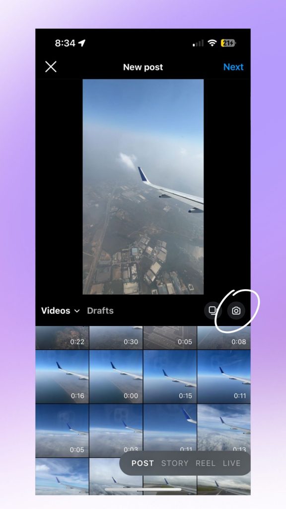 Sous l'option "Post", sélectionnez une vidéo dans votre galerie ou appuyez sur l'icône de la caméra.
